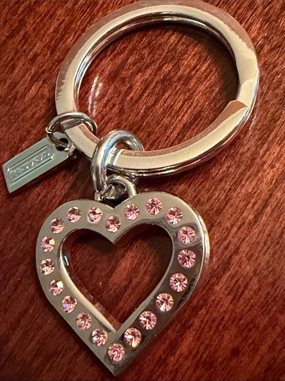Coach Silver-Tone Key Ring with Pink Rhinestones